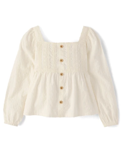 Girls Embroidered Eyelet Clip Dot Button Up Shirt - Driftwood Bay