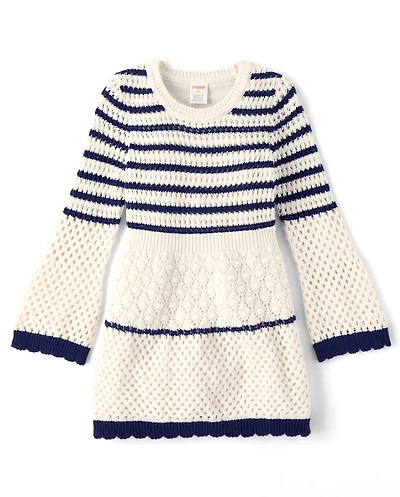 Girls Striped Crochet Sweater Dress - Driftwood Bay