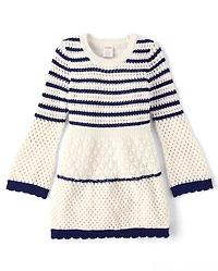 Girls Striped Crochet Sweater Dress - Driftwood Bay