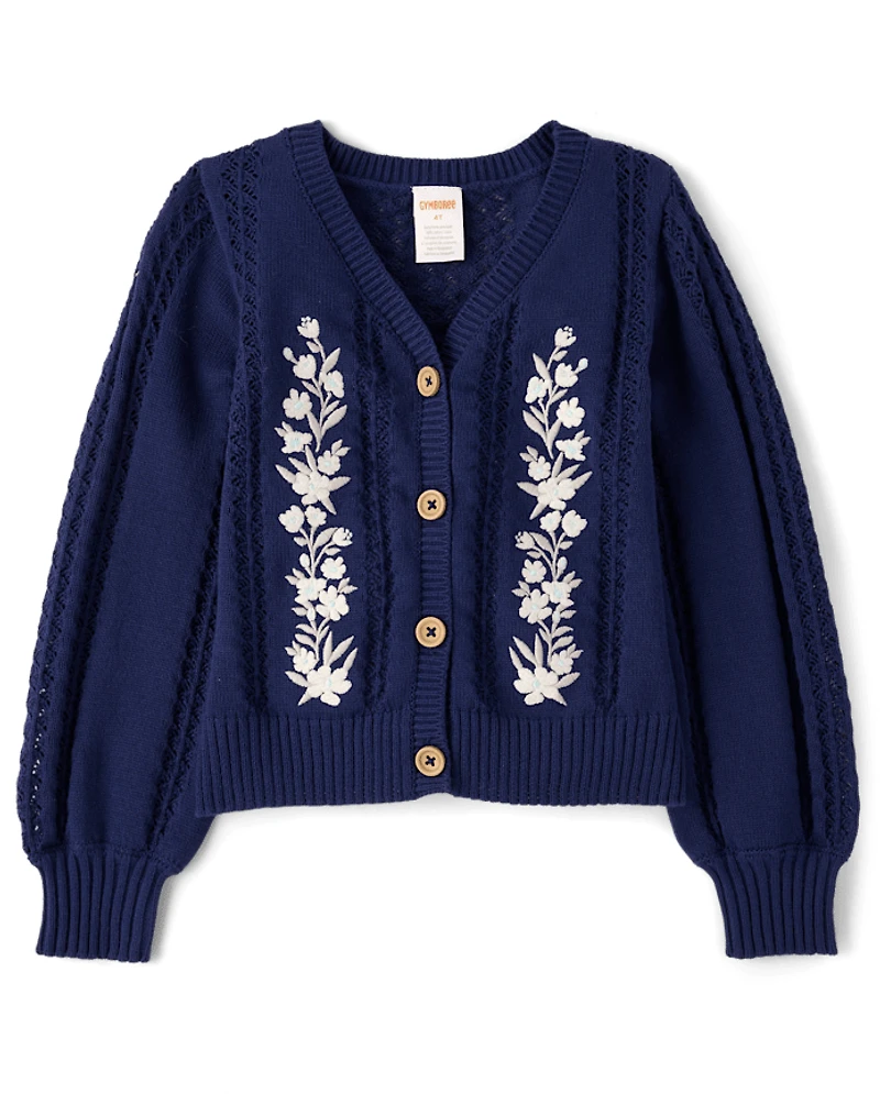 Girls Embroidered Floral Pointelle Cardigan - Driftwood Bay