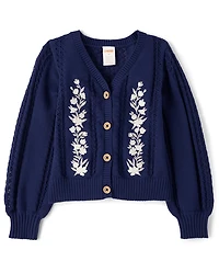 Girls Embroidered Floral Pointelle Cardigan - Driftwood Bay
