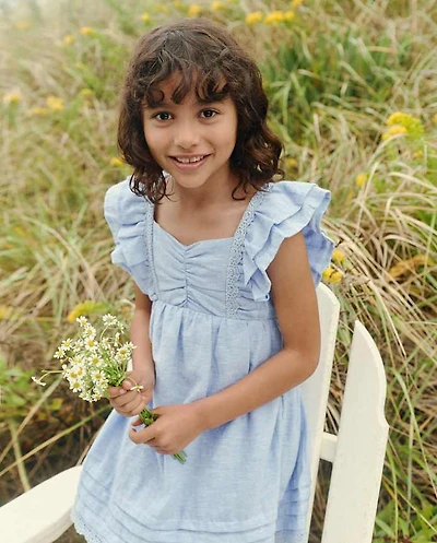 Girls Flutter Linen-Blend Bow Back Dress