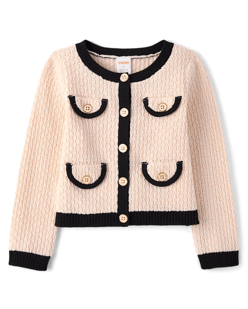 Girls Contrast Faux Tweed Sweater Cardigan - Petit Paris