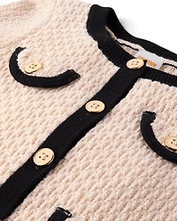 Girls Contrast Faux Tweed Sweater Cardigan - Petit Paris