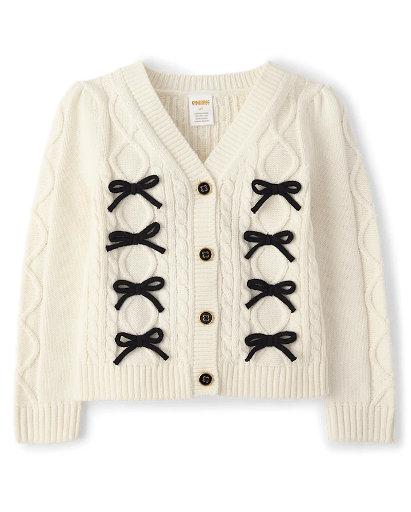 Girls Bow Cable Knit Cardigan - Petit Paris
