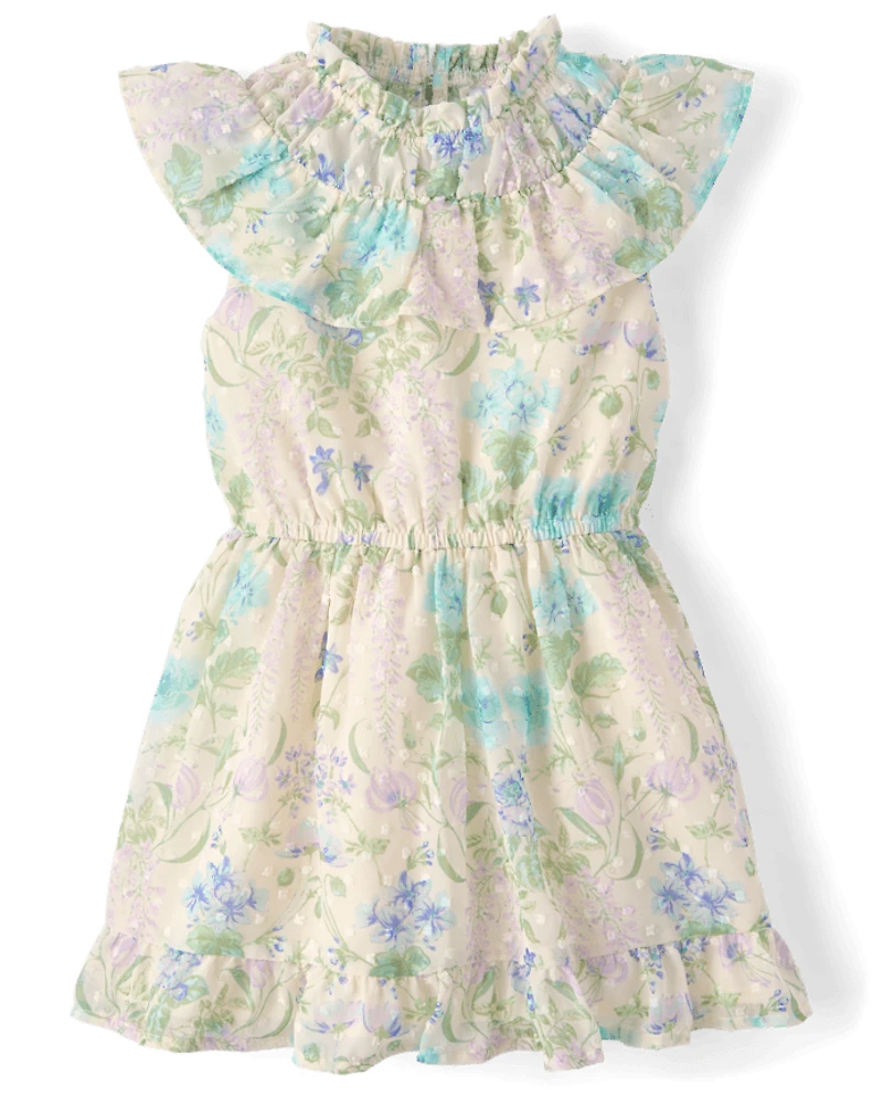 Girls Floral Clip Dot Ruffle Dress - Enchanted Garden