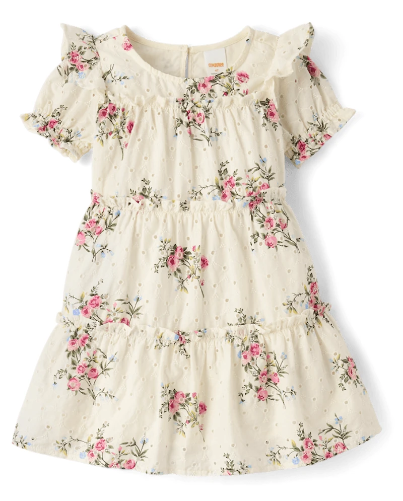 Girls Floral Eyelet Tiered Dress - Enchanted Garden