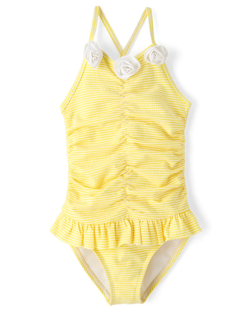 Girls Floral Seersucker Ruffle One Piece Swimsuit - Swim Shop