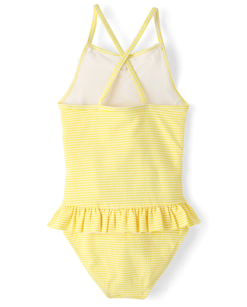 Maillot de bain une pièce à volants en seersucker fleuri pour filles - Boutique maillots