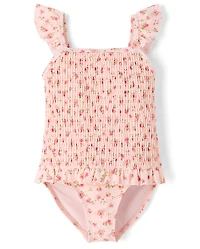 Girls Floral Smocked Flutter One Piece Swimsuit