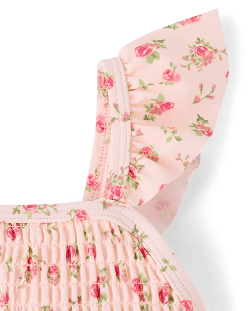 Girls Floral Smocked Flutter One Piece Swimsuit - Swim Shop