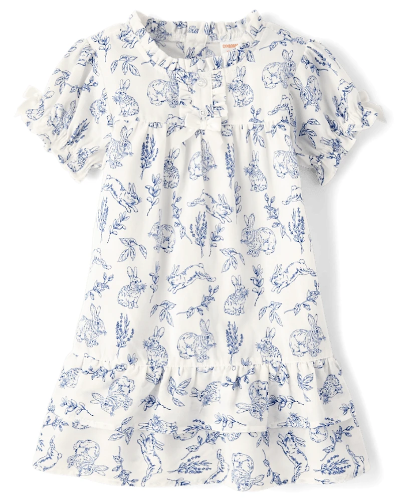 Girls Bunny Toile Poplin Ruffle Nightgown