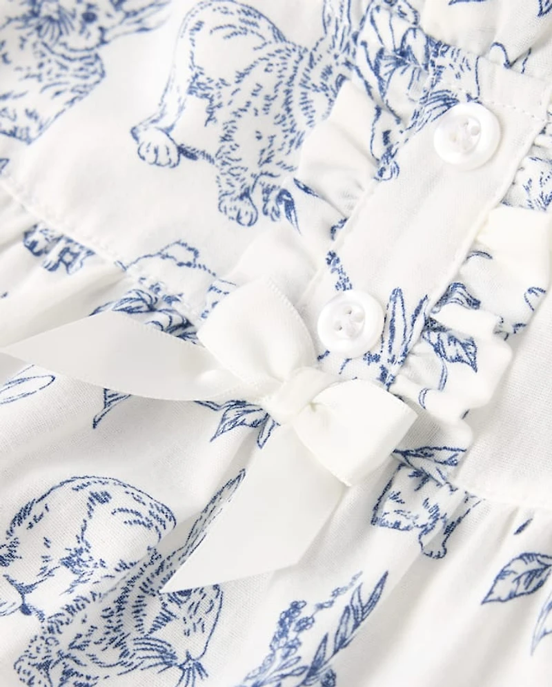 Girls Bunny Toile Poplin Ruffle Nightgown