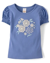 Girls Floral Applique Puff Sleeve Top - Driftwood Bay