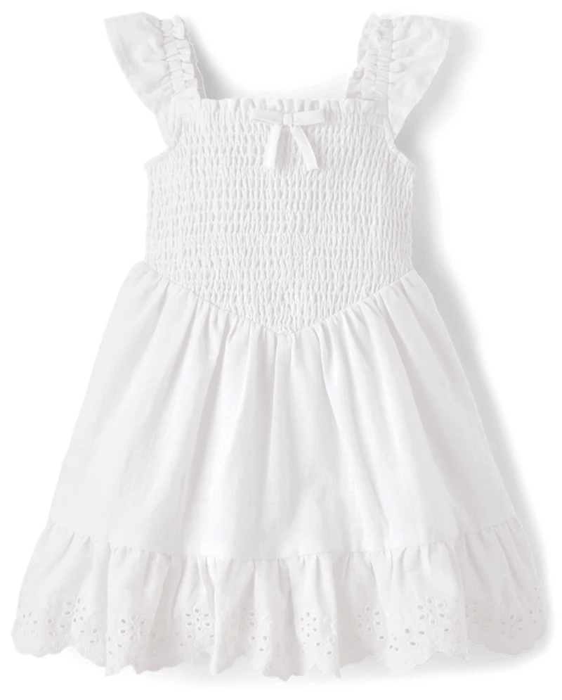 Girls Smocked Linen-Blend Ruffle Dress - Linen Edit