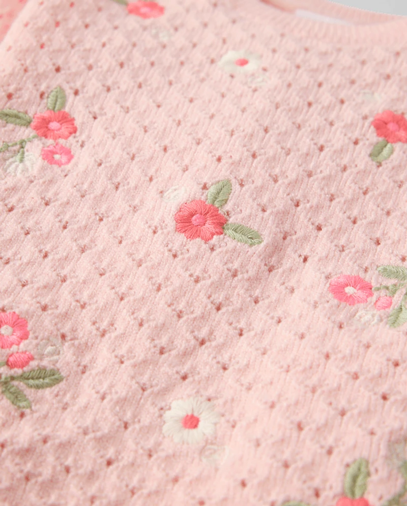 Ensemble 2 pièces pour bébé fille : pull en maille ajourée brodée à fleurs