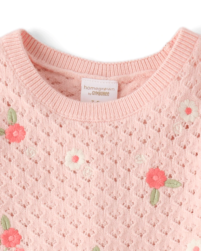 Ensemble 2 pièces pour bébé fille : pull en maille ajourée brodée à fleurs
