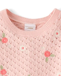 Ensemble 2 pièces pour bébé fille : pull en maille ajourée brodée à fleurs