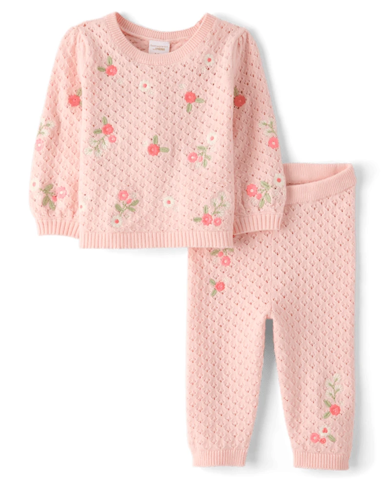 Baby Girls Embroidered Floral Pointelle Sweater 2-Piece Outfit Set