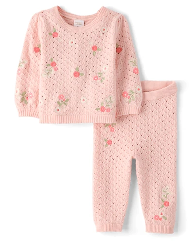Baby Girls Embroidered Floral Pointelle Sweater 2-Piece Outfit Set