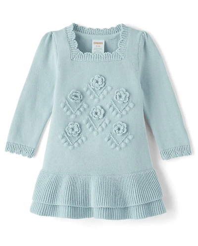 Baby Girls Crochet Floral Drop Waist Tiered Sweater Dress