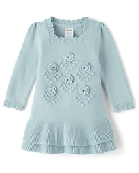 Baby Girls Crochet Floral Drop Waist Tiered Sweater Dress