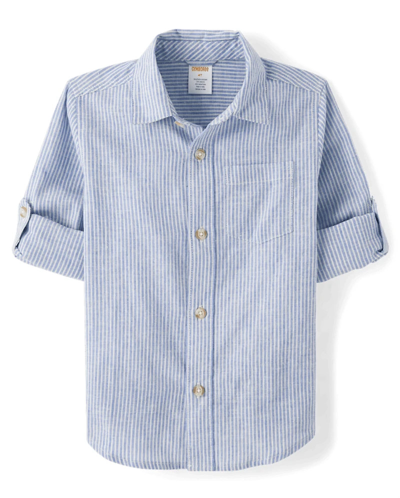 Kids Pinstripe Linen-Blend Button Up Shirt - Linen Edit