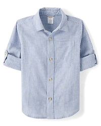 Kids Pinstripe Linen-Blend Button Up Shirt - Linen Edit