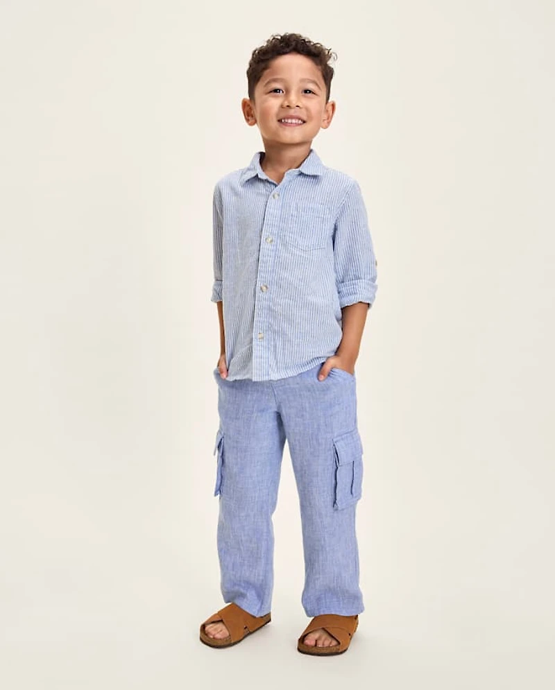 Kids Pinstripe Linen-Blend Button Up Shirt - Linen Edit