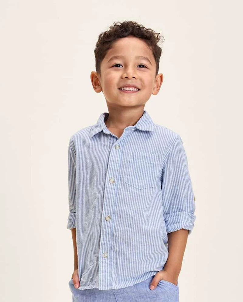 Kids Pinstripe Linen-Blend Button Up Shirt - Linen Edit