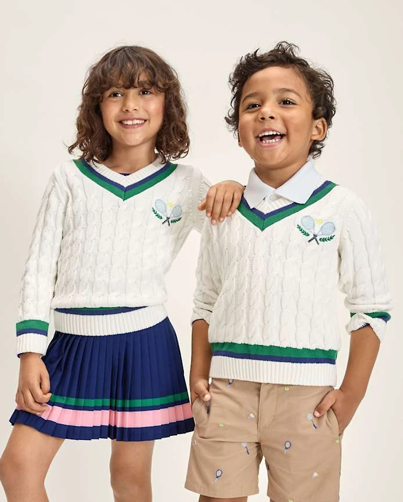 Kids Embroidered Tennis Racquet Cable Knit V-Neck Sweater - Club House
