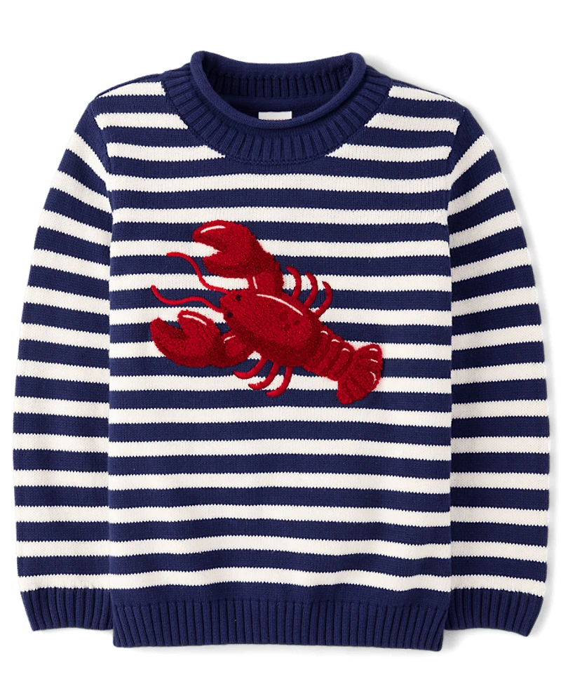 Kids Striped Embroidered Chenille Lobster Sweater - Driftwood Bay