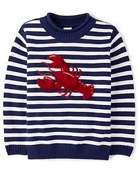 Kids Striped Embroidered Chenille Lobster Sweater - Driftwood Bay