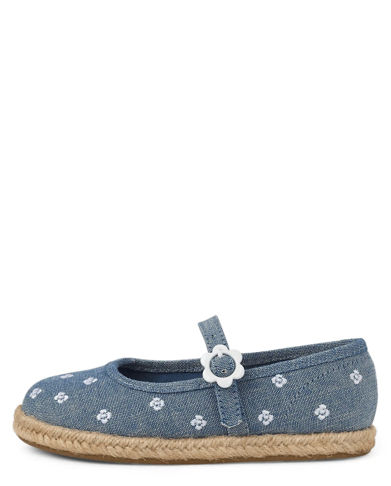 Girls Embroidered Floral Chambray Espadrilles - Driftwood Bay