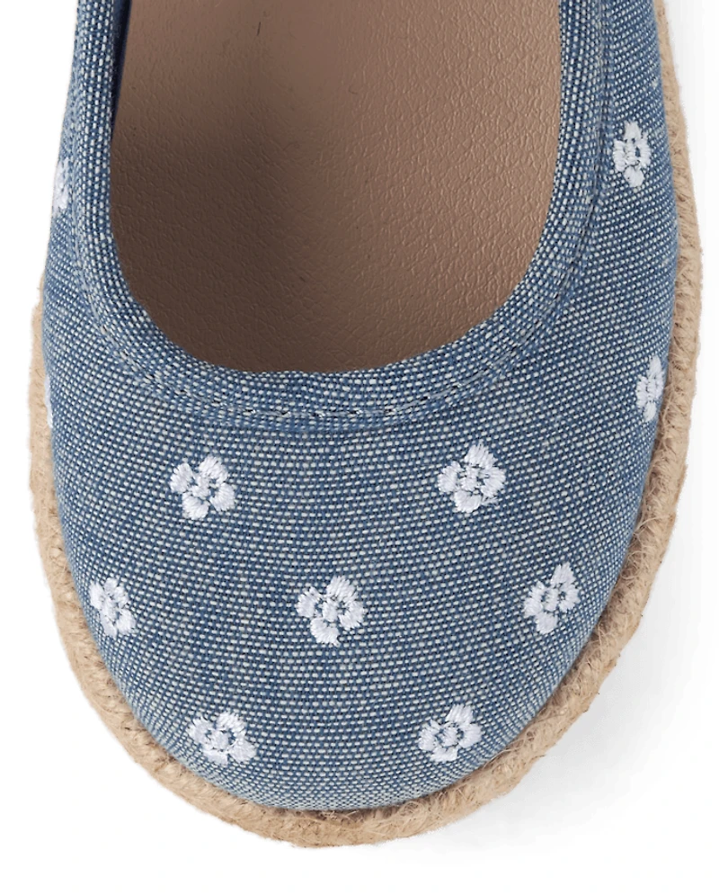 Girls Embroidered Floral Chambray Espadrilles - Driftwood Bay