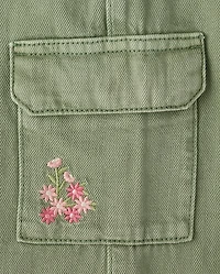 Girls Embroidered Floral Garment Dyed Wide Leg Cargo Jeans - Enchanted Garden