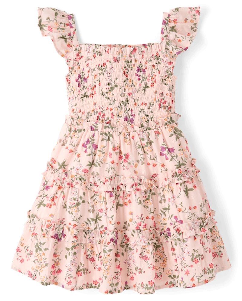 Robe à volants fleurie et smockée pour fille - Jardin enchanté