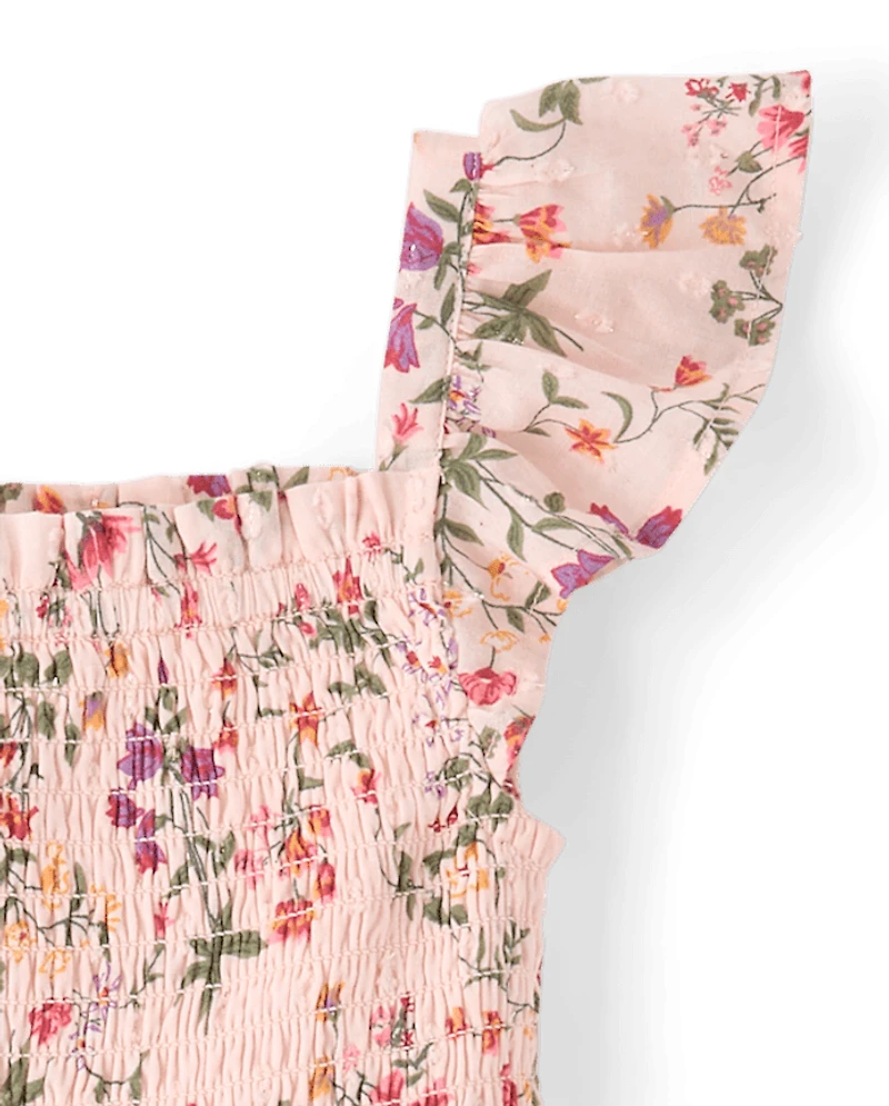 Robe à volants fleurie et smockée pour fille - Jardin enchanté