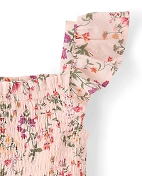 Robe à volants fleurie et smockée pour fille - Jardin enchanté