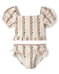 Girls Floral Puff Sleeve Tankini Swimsuit
