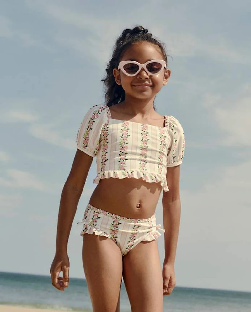 Maillot de bain tankini à manches bouffantes et imprimé floral pour filles