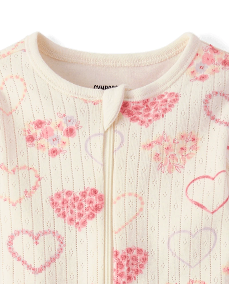 Pyjama une pièce à pieds en pointelle motif floral et cœur pour bébé fille