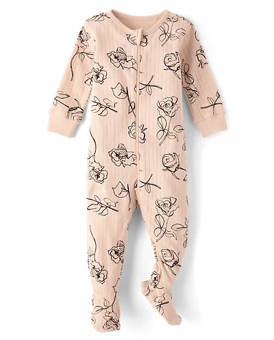 Baby Girls Rose Pointelle Snug Fit Cotton Footed One Piece Pajamas