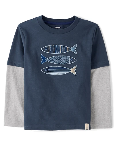 Boys Embroidered Fish Layered Top - Driftwood Bay