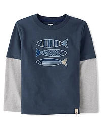 Boys Embroidered Fish Layered Top - Driftwood Bay