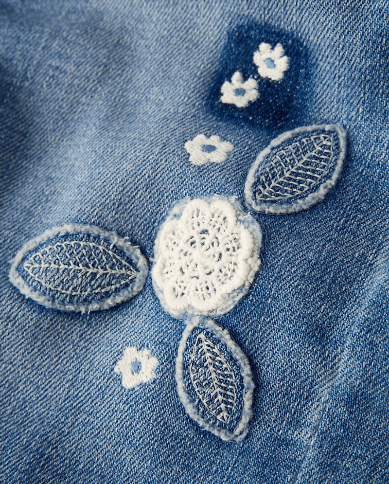 Girls Floral Crochet Applique Wide Leg Jeans - Driftwood Bay