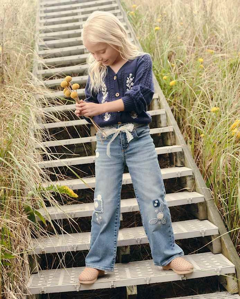 Girls Floral Crochet Applique Wide Leg Jeans - Driftwood Bay