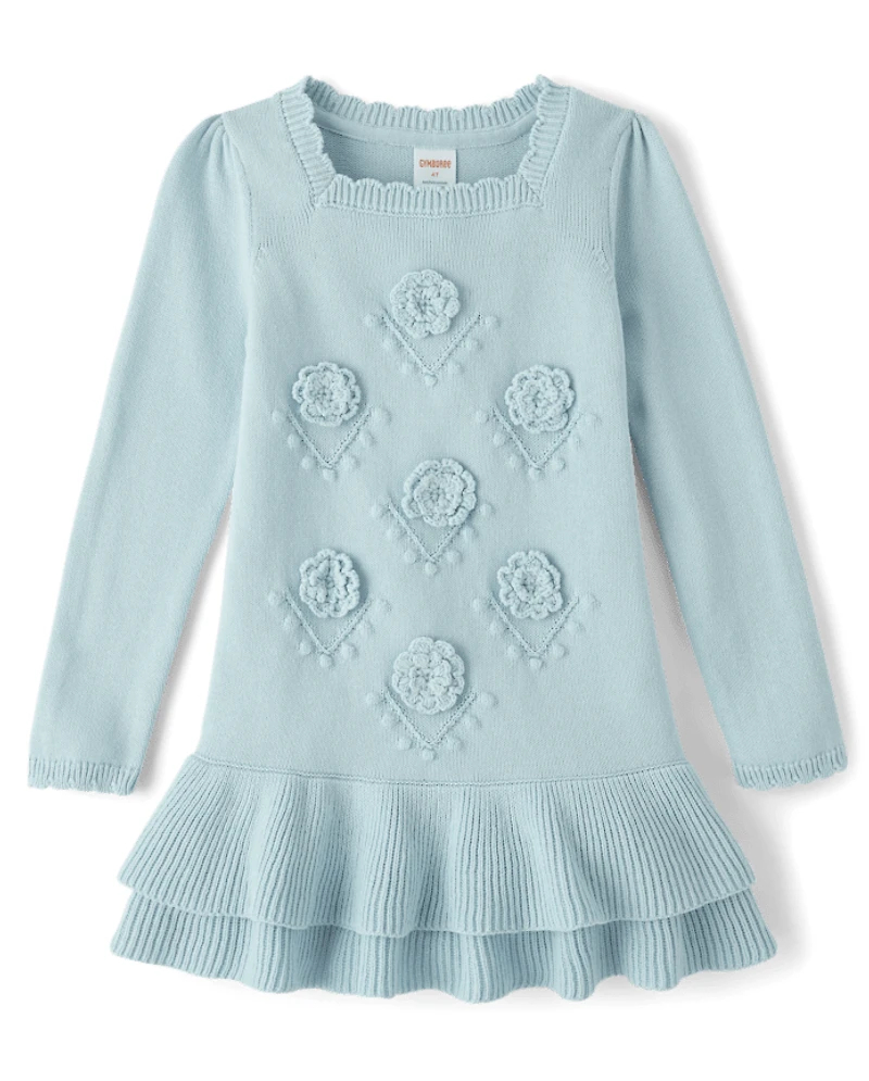 Girls Crochet Floral Drop Waist Tiered Sweater Dress - Driftwood Bay