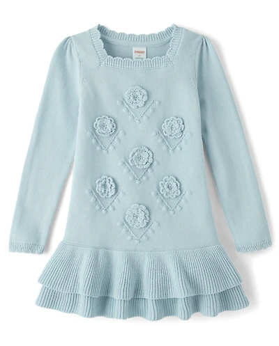 Girls Crochet Floral Drop Waist Tiered Sweater Dress - Driftwood Bay