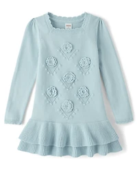 Girls Crochet Floral Drop Waist Tiered Sweater Dress - Driftwood Bay